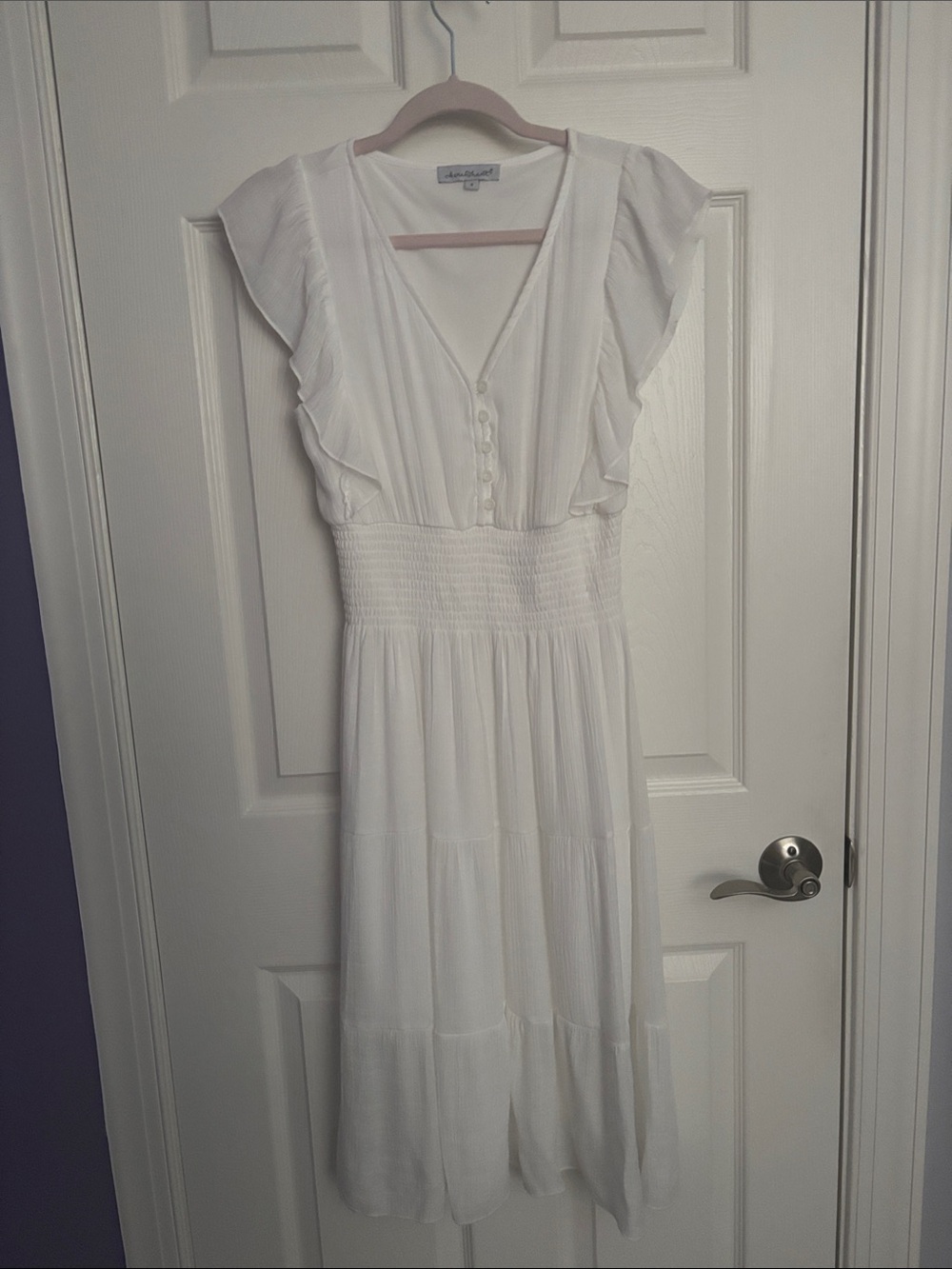 KEREN hart White Midi Dress with Flutter Sleeves. Lined from waist to knees.